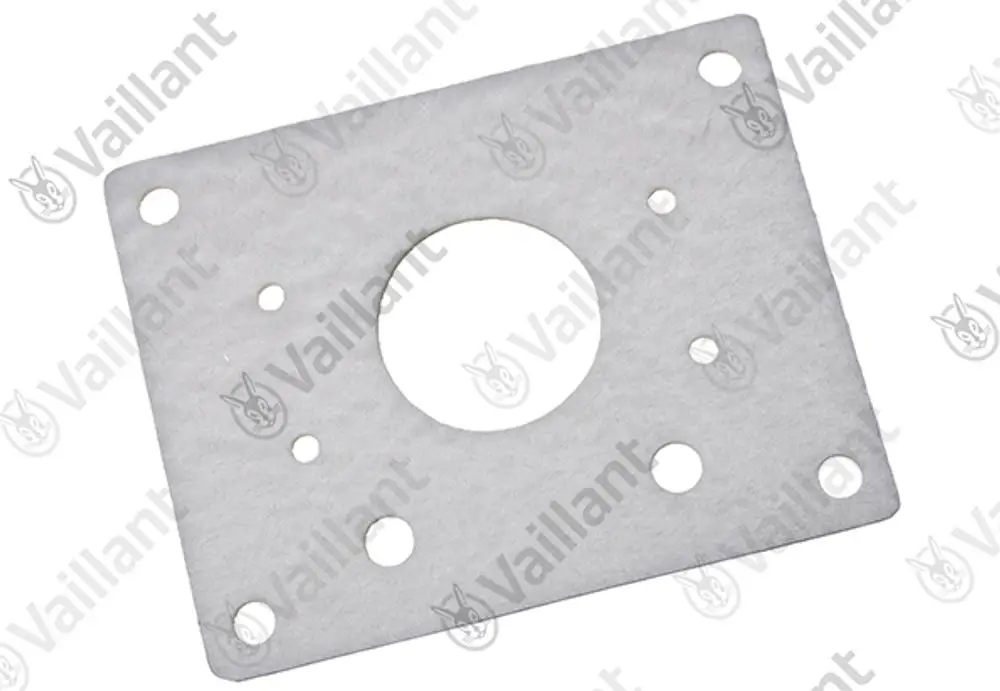 Vaillant Dichtung, rechteckige Form mit mehreren Löchern und zentralem Ausschnitt, aus hellem Material.